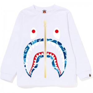 Kids' Bape Abc Camo Shark L/S Tee T Shirts White Blue USA | RO9841781
