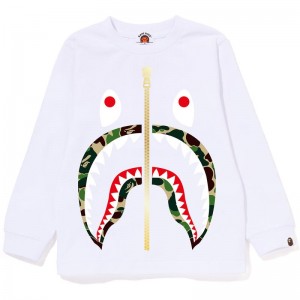 Kids' Bape Abc Camo Shark L/S Tee T Shirts White Green USA | CU0104114