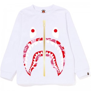 Kids' Bape Abc Camo Shark L/S Tee T Shirts White Pink USA | GG0489749