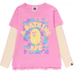 Kids' Bape College Layered Frill L/S Tee T Shirts Pink USA | OB0849889