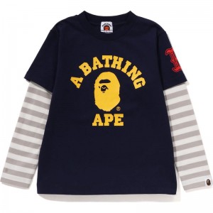 Kids' Bape College Multi Logo Layered L/S Tee T Shirts Navy USA | ZV3178218