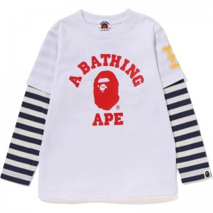 Kids' Bape College Multi Logo Layered L/S Tee T Shirts White USA | WT1359039