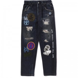 Kids' Bape Emblem Denim Print Sweat Pants Jr Pants Navy USA | OW2800480