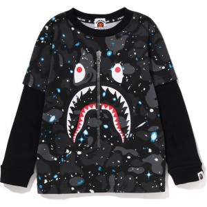 Kids' Bape Space Camo Shark Layered L/S Tee T Shirts Black USA | IW9178218