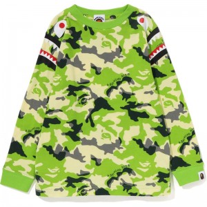 Kids' Bape Woodland Camo Shark Shoulder L/S Tee T Shirts Green USA | TM1887187