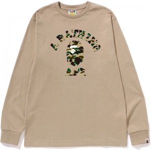 Men Bape 1st Camo College L/S Tee T Shirts Beige Yellow USA | OQ3907897