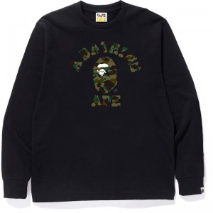 Men Bape 1st Camo College L/S Tee T Shirts Black Green USA | TQ4354134