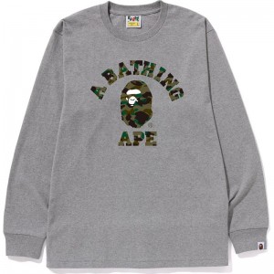 Men Bape 1st Camo College L/S Tee T Shirts Grey Green USA | OR2178518