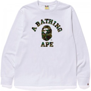 Men Bape 1st Camo College L/S Tee T Shirts White Green USA | MT2078208