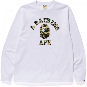 Men Bape 1st Camo College L/S Tee T Shirts White Yellow USA | LU0609669