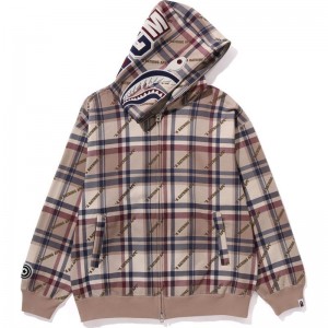 Men Bape A Bathing Ape Logo Check Pattern Shark Full Zip Hoodie Hoodie Beige USA | EA6790370