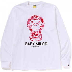 Men Bape Abc Camo Baby Milo L/S Tee T Shirts White Pink USA | TI1464644