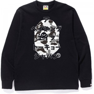 Men Bape Abc Camo Japanese Letters L/S Tee T Shirts Black Grey USA | SV6337937