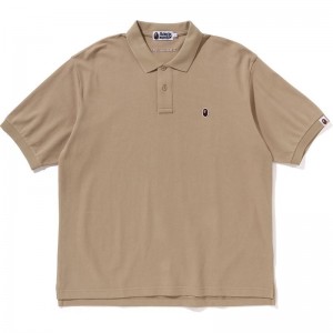 Men Bape Ape Head One Point Polo T Shirts Beige USA | SO0537357