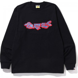 Men Bape Ape Logo L/S Tee T Shirts Black USA | XY4347737
