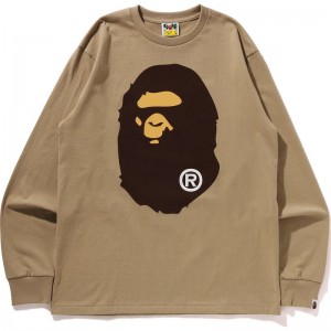 Men Bape Big Ape Head L/S Tee T Shirts Beige USA | HA8617367