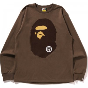 Men Bape Big Ape Head L/S Tee T Shirts Brown USA | KA5592052