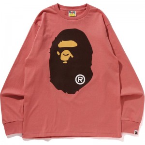 Men Bape Big Ape Head L/S Tee T Shirts Pink USA | LO0277227