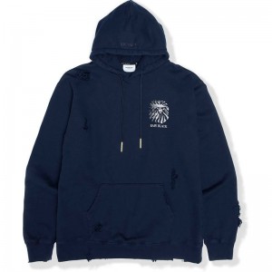 Men Bape Black Logo Distressed Hoodie Hoodie Navy USA | XI6493043
