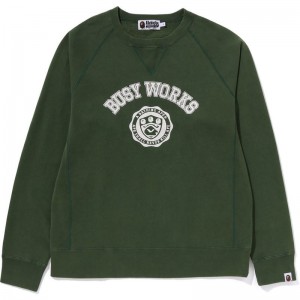 Men Bape Busy Works Crewneck Sweatshirts Green USA | YA2948898