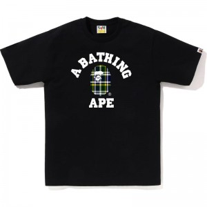 Men Bape Check College Tee T Shirts Black Green USA | ZC5320230