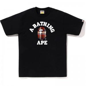 Men Bape Check College Tee T Shirts Black Red USA | JB3572352