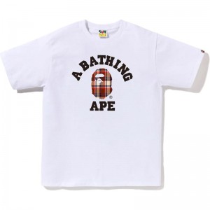 Men Bape Check College Tee T Shirts White USA | VE5674464
