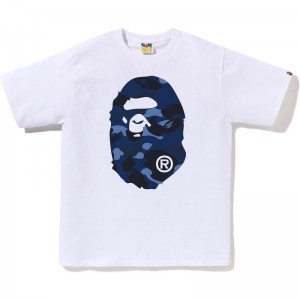 Men Bape Color Camo Big Ape Head Tee T Shirts White Navy USA | OM4785775