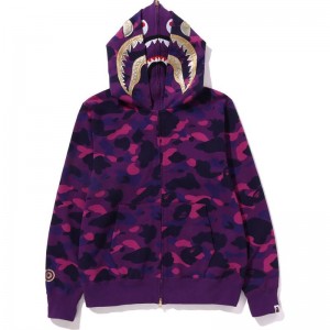 Men Bape Color Camo Double Shark Full Zip Hoodie Hoodie Purple USA | ZS3643763