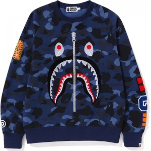 Men Bape Color Camo Embroidery Shark Crewneck Sweatshirts Navy USA | IK7174614