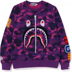 Men Bape Color Camo Embroidery Shark Crewneck Sweatshirts Purple USA | UZ8052002