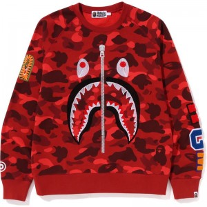 Men Bape Color Camo Embroidery Shark Crewneck Sweatshirts Red USA | BC3029509