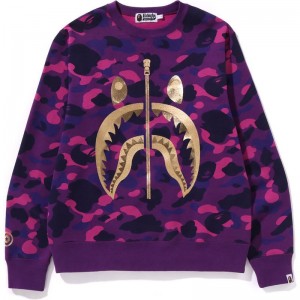 Men Bape Color Camo Shark Crewneck Sweatshirts Purple USA | CU8493843