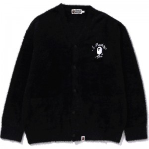 Men Bape Embroidery Shaggy Knit Cardigan Knitwear Black USA | IZ7563253