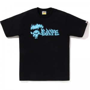 Men Bape Flame Ape Face Tee T Shirts Black Blue USA | VM7203623