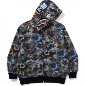 Men Bape Floral Camo Shark Relaxed Fit Full Zip Hoodie Hoodie Black USA | SY6719279