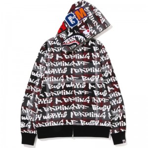 Men Bape Graffiti Check Shark Full Zip Hoodie Hoodie Black USA | SW3750970