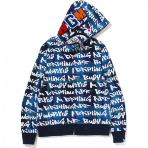 Men Bape Graffiti Check Shark Full Zip Hoodie Hoodie Blue USA | YQ2709079
