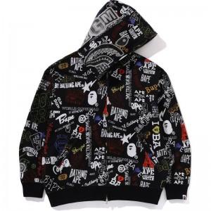 Men Bape Hand Draw Pattern Shark Zip Hoodie Hoodie Black USA | JU2872182