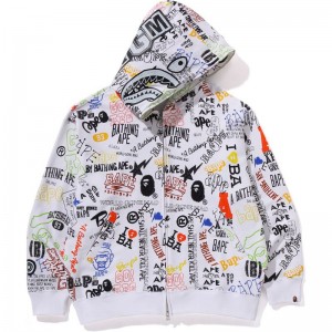 Men Bape Hand Draw Pattern Shark Zip Hoodie Hoodie White USA | HM5576556