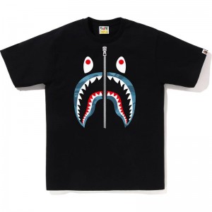 Men Bape Honeycomb Camo Shark Tee T Shirts Black Blue USA | YU1065505