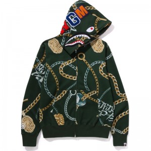 Men Bape Jewels Shark Full Zip Hoodie Hoodie Green USA | PY3508158