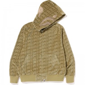 Men Bape Logo Monogram Velour Shark Full Zip Hoodie Hoodie Beige USA | IV4849289