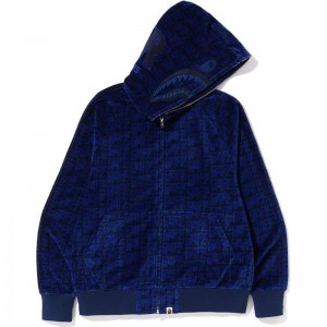Men Bape Logo Monogram Velour Shark Full Zip Hoodie Hoodie Navy USA | IL4063103