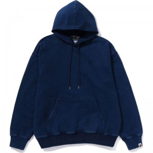 Men Bape Logo Ribbing Indigo Pullover Hoodie Hoodie Indigo USA | OO3617167