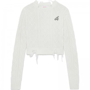 Women Bape Apee Distressed Cable Knit Top With Slit Back Knitwear White USA | DY0122312