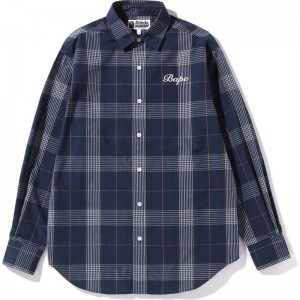 Women Bape B.A. Check Oversized Shirt Shirts Navy USA | ZR3570650