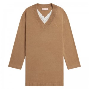 Women Bape Bapy Lace-trimmed Midi Knit Top Knitwear Beige USA | WC6017807