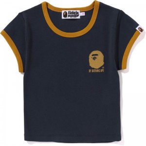 Women Bape Bathing Ape Cropped Trim Tee Cut And Sewn Navy USA | EB6561051