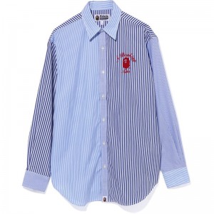 Women Bape College Multi Striped Oversized Shirt Shirts Sax USA | ER7599359